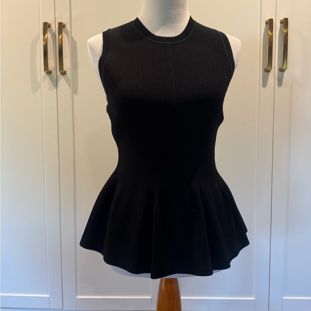 Veronica Beard Black Ribbed Arago Peplum Top, Medium, New